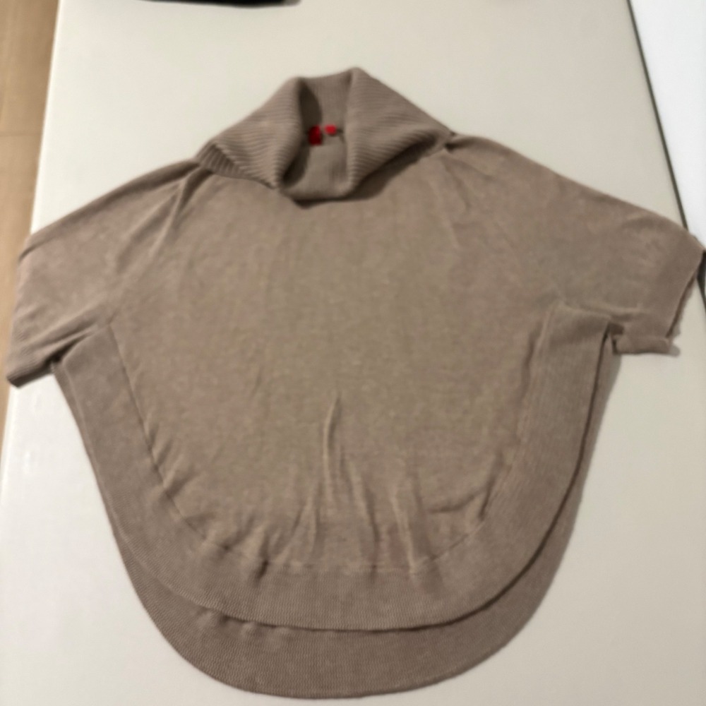 Women's Tan Cowl Neck Poncho Sweater High Low Hem Taupe Knit Top Small
